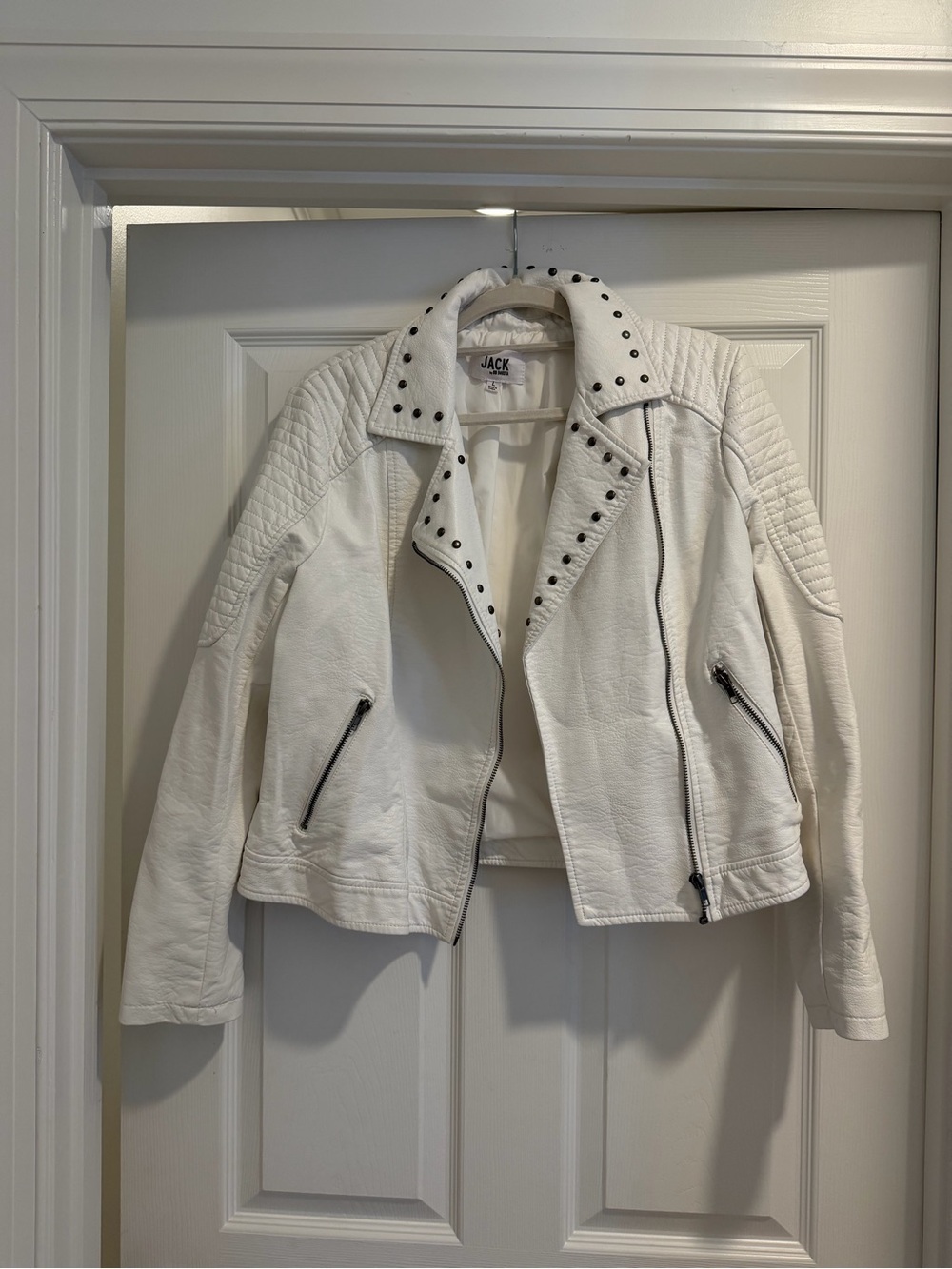 Jack by BB Dakota White Studded Faux Leather Moto Jacket with Quilted Shoulders
